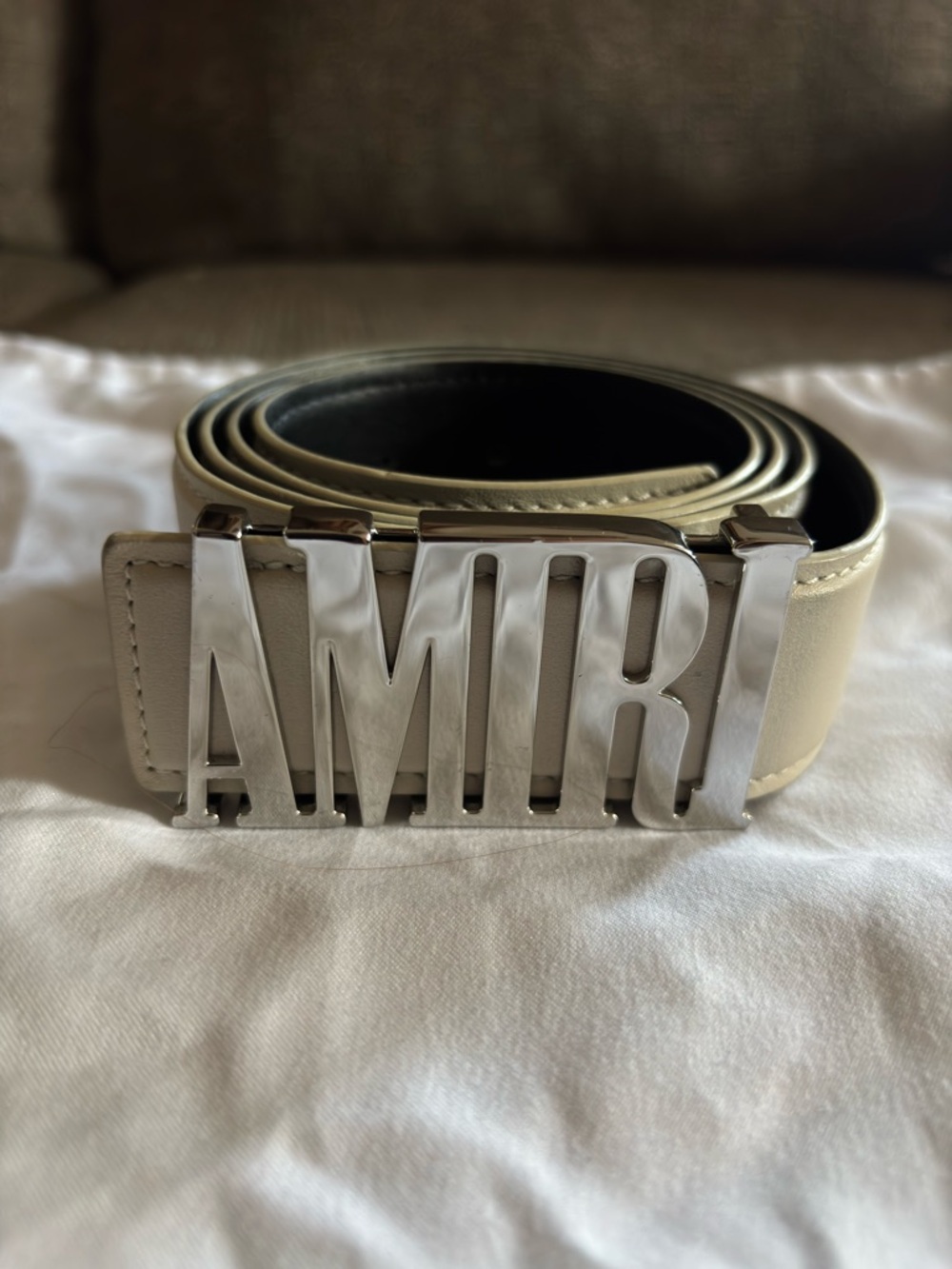 AMIRI Men's Leather Logo Belt in Cream with Silver Buckle Authentic New Size 100